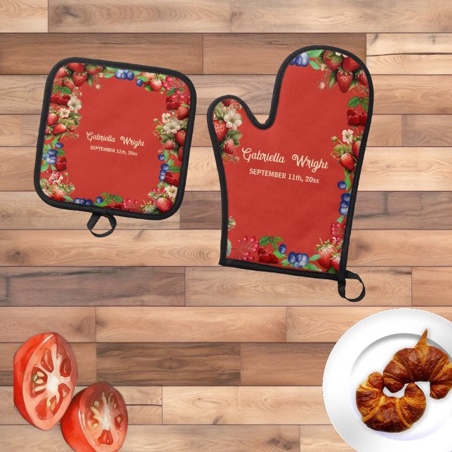 Red Strawberry Summer Frucht Sehr Berry Blue Sweet Ofenhandschuh & Topflappen-Set (Red Strawberry Summer Fruit Very Berry Blue Sweet Oven Mitt & Pot Holder Set)