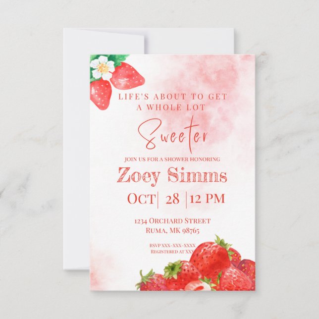 Red Strawberry Themed Dusche Einladung (Vorderseite)