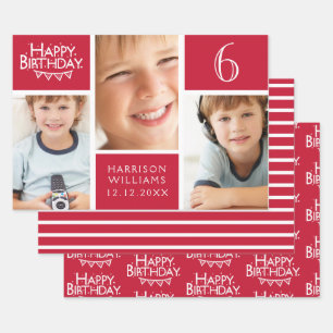 Red Stripe Happy Birthday-Girlande Foto Geschenkpapier Set
