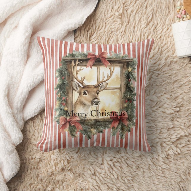 Red Stripes Bows Christmas Deer in Window Kissen (Decke)