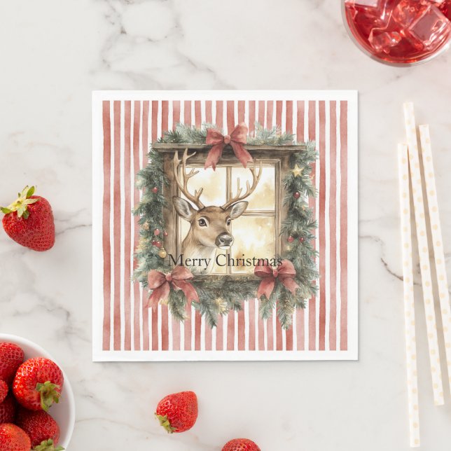 Red Stripes Bows Christmas Deer in Window Serviette (Beispiel)