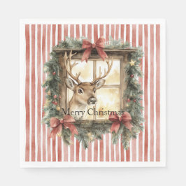 Red Stripes Bows Christmas Deer in Window Serviette