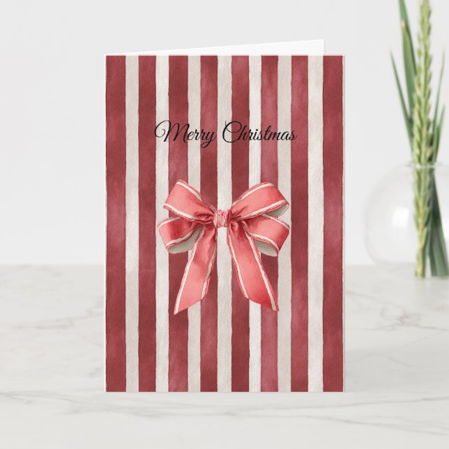 Red Stripes Christmas Bow Karte (Vorderseite)