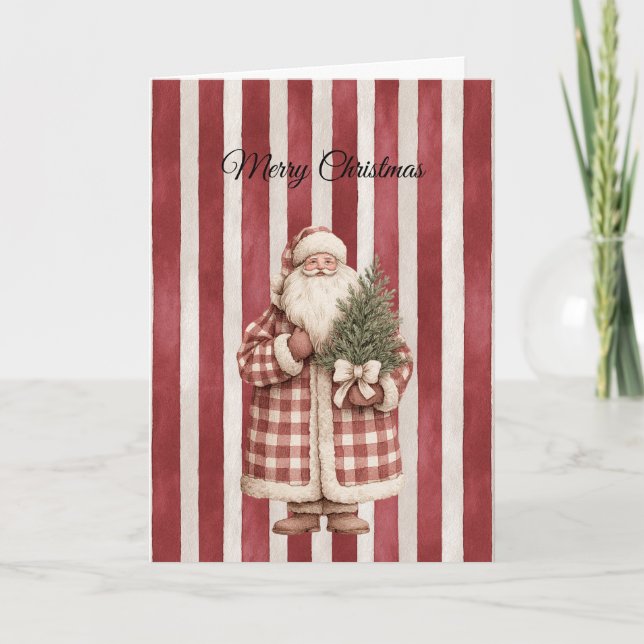 Red Stripes Christmas Santa with Tree Karte (Vorderseite)
