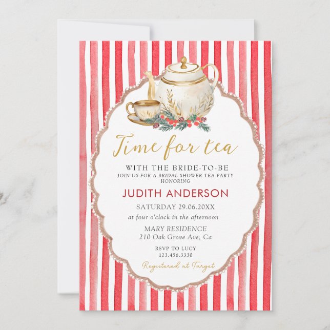 Red Stripes Christmas Tea Party Bridal Shower  Einladung (Vorderseite)