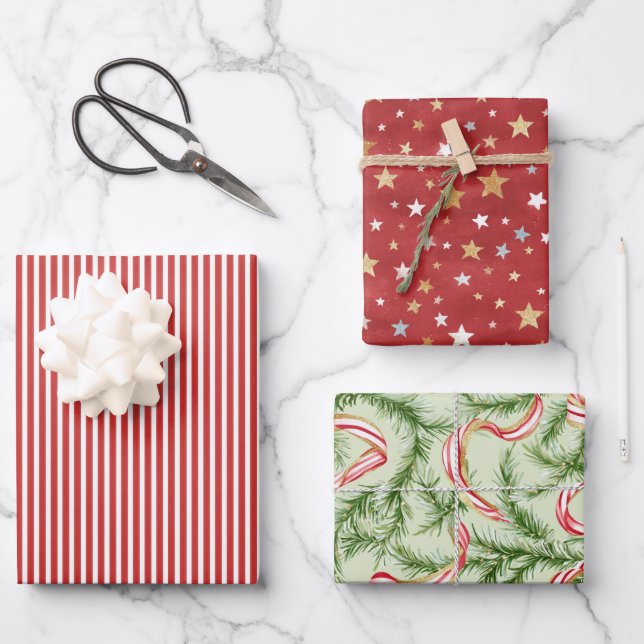 Red Stripes Green Ribbons Gold Stars Christmas Geschenkpapier Set (Vorderseite)