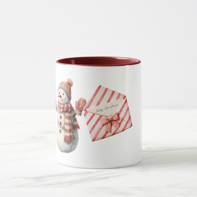 Red Stripes Jolly Christmas Snowman Tasse (Zentrum)