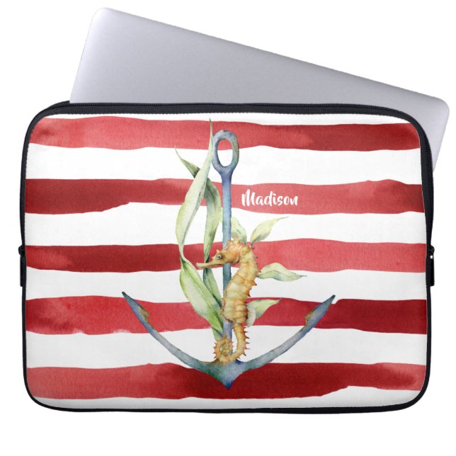 Red Stripes Nautical Anker und Seepferd mit Name Laptopschutzhülle (Vorderseite)