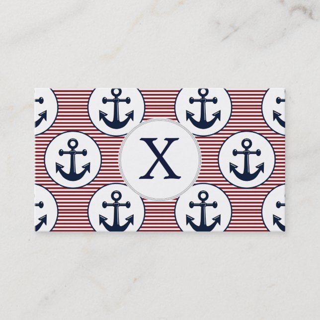 Red Stripes Navy Blue Anchor Nautical Pattern Visitenkarte (Vorderseite)