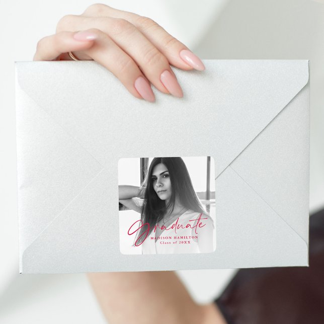 Red Stylish Script Foto Abschluss Quadratischer Aufkleber (Von Creator hochgeladen)