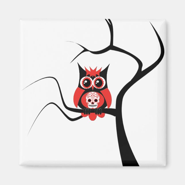 Red Sugar Skull Owl in Tree Magnet (Vorne)
