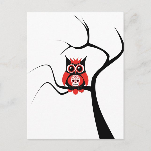 Red Sugar Skull Owl in Tree Postcard Postkarte (Vorderseite)