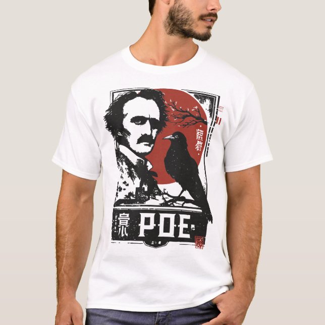 Red Sun Edgar Allan Poe | Gothic Writer Portrait T-Shirt (Vorderseite)