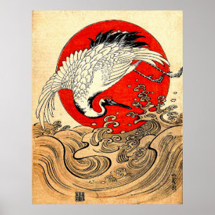 RED SUN, JAPANISCHE FLYING CRANE UND MEERWELLEN POSTER