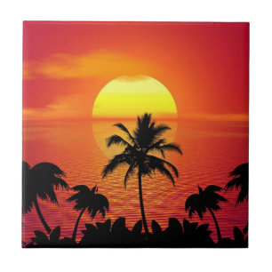 Red Sun Tropical Palm Beach Fliese