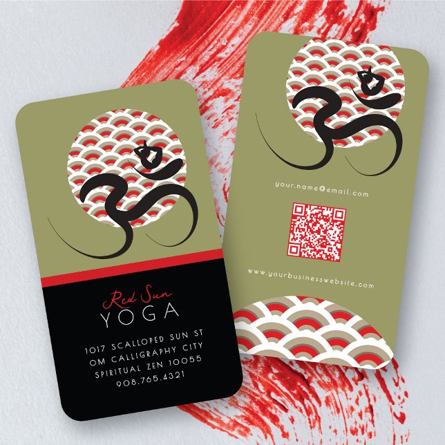 Red Sun Yoga Spiritual Indian Meditat Om Ohm Logo Visitenkarte (Red Sun Yoga Spiritual Meditation Modern Zen Om / Aum  Calligraphy Symbol Business Card @ fatfatin)