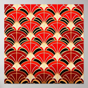 Red Sunrise sea wave seamless pattern. Poster