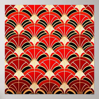 Red Sunrise sea wave seamless pattern. Poster