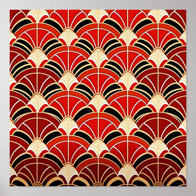 Red Sunrise sea wave seamless pattern. Poster (Vorne)