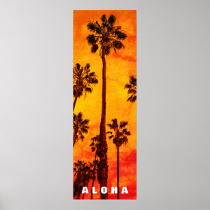 Red Sunset Aloha Hawaii Palm Trees Tropics Travel Poster