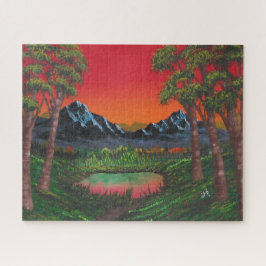 Red Sunset Mountain Forest Lake Puzzle