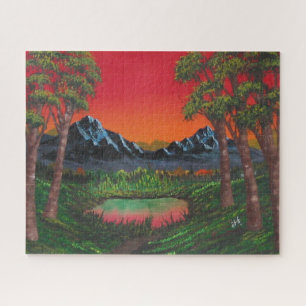 Red Sunset Mountain Forest Lake Puzzle