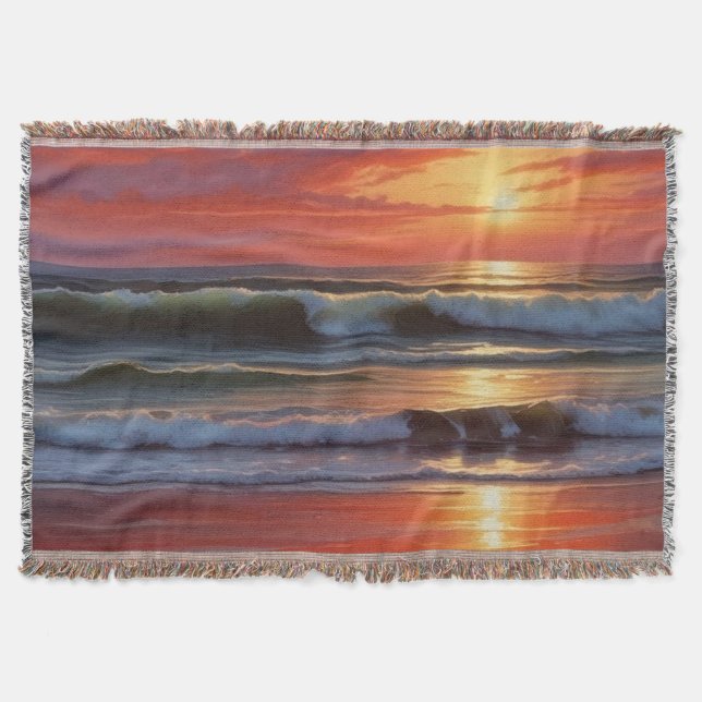 Red Sunset Ocean Seascape Malerei Artwork Decke (Vorderseite)
