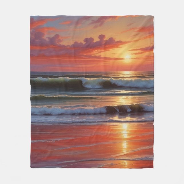 Red Sunset Ocean Seascape Malerei Artwork Fleecedecke (Vorderseite)