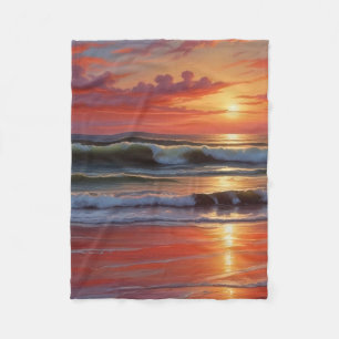 Red Sunset Ocean Seascape Malerei Artwork Fleecedecke