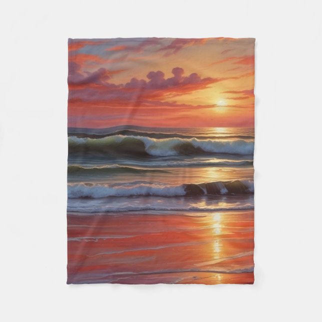 Red Sunset Ocean Seascape Malerei Artwork Fleecedecke (Vorderseite)