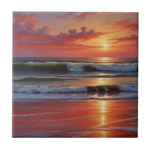 Red Sunset Ocean Seascape Malerei Artwork Fliese