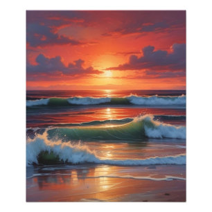 Red Sunset Ocean Seascape Malerei Artwork Fotodruck