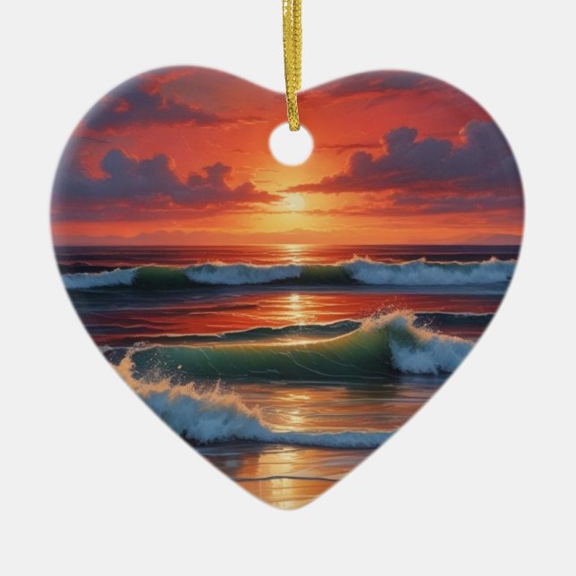 Red Sunset Ocean Seascape Malerei Artwork Keramik Ornament (Vorne)