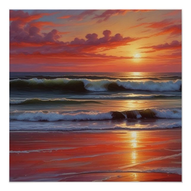 Red Sunset Ocean Seascape Malerei Artwork Poster (Vorderseite)