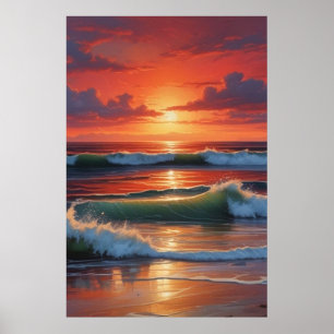 Red Sunset Ocean Seascape Malerei Artwork Poster