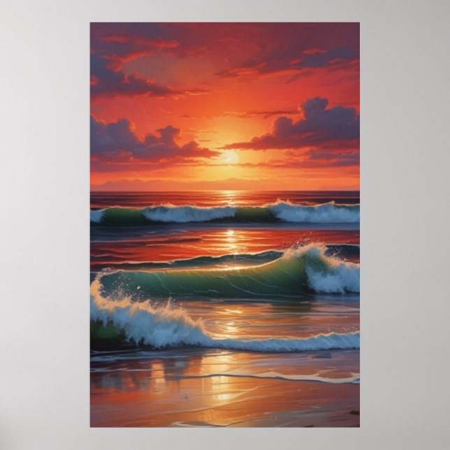 Red Sunset Ocean Seascape Malerei Artwork Poster (Vorne)