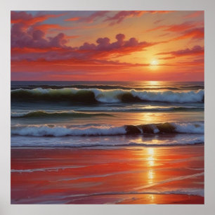 Red Sunset Ocean Seascape Malerei Artwork Poster
