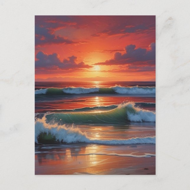 Red Sunset Ocean Seascape Malerei Artwork Postkarte (Vorderseite)
