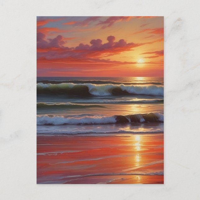 Red Sunset Ocean Seascape Malerei Artwork Postkarte (Vorderseite)