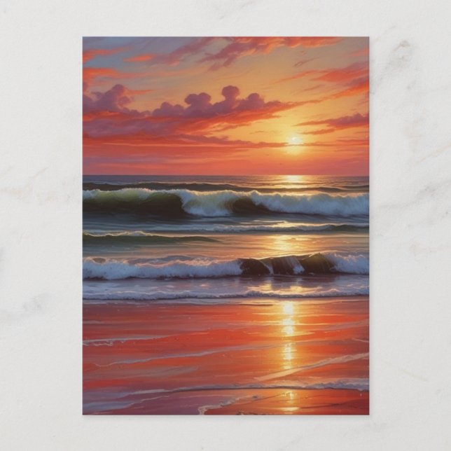 Red Sunset Ocean Seascape Malerei Artwork Postkarte (Vorderseite)