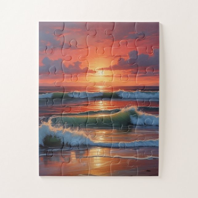 Red Sunset Ocean Seascape Malerei Artwork Puzzle (Vertikal)