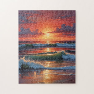 Red Sunset Ocean Seascape Malerei Artwork Puzzle