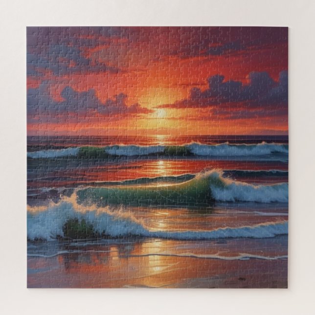Red Sunset Ocean Seascape Malerei Artwork Puzzle (Vertikal)