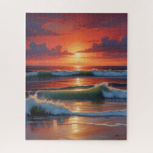 Red Sunset Ocean Seascape Malerei Artwork Puzzle