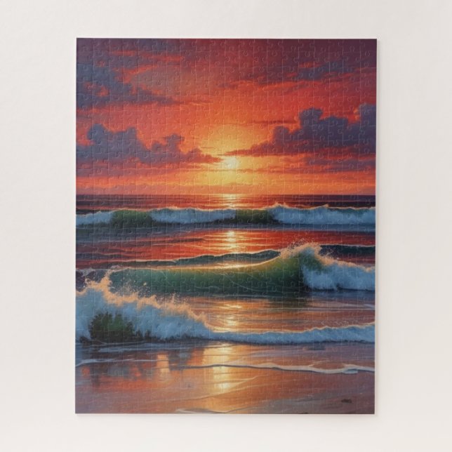 Red Sunset Ocean Seascape Malerei Artwork Puzzle (Vertikal)