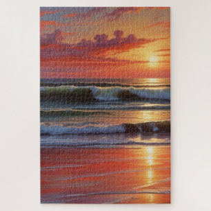Red Sunset Ocean Seascape Malerei Artwork Puzzle