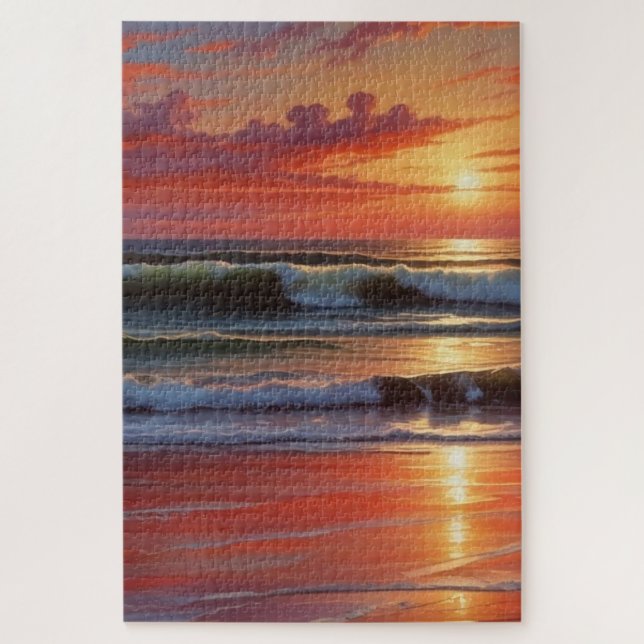 Red Sunset Ocean Seascape Malerei Artwork Puzzle (Vertikal)