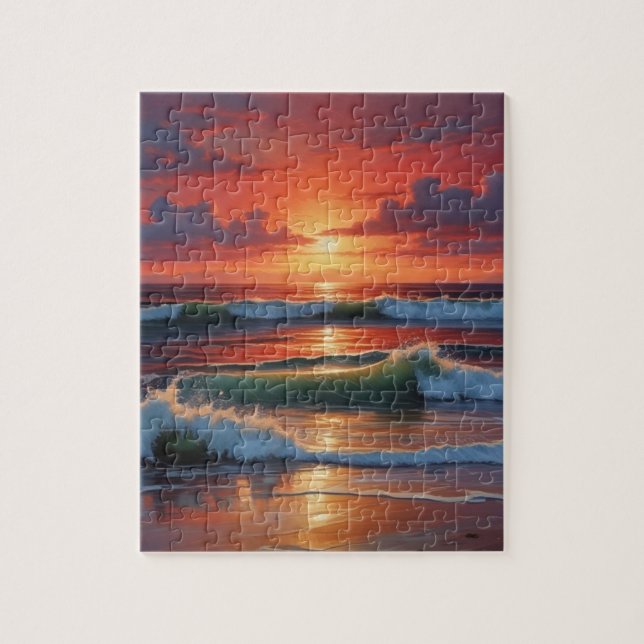 Red Sunset Ocean Seascape Malerei Artwork Puzzle (Vertikal)