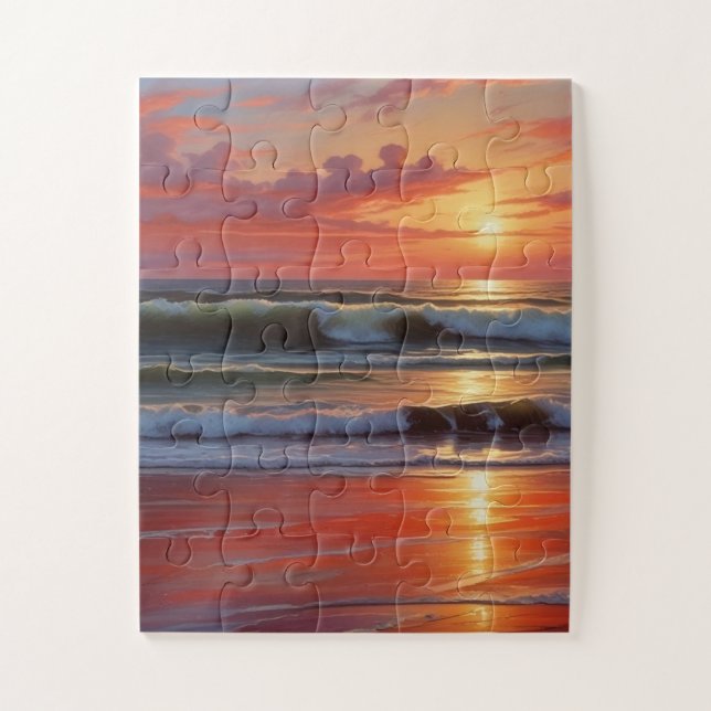 Red Sunset Ocean Seascape Malerei Artwork Puzzle (Vertikal)