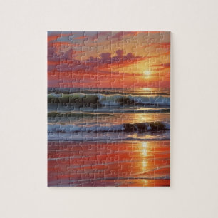 Red Sunset Ocean Seascape Malerei Artwork Puzzle